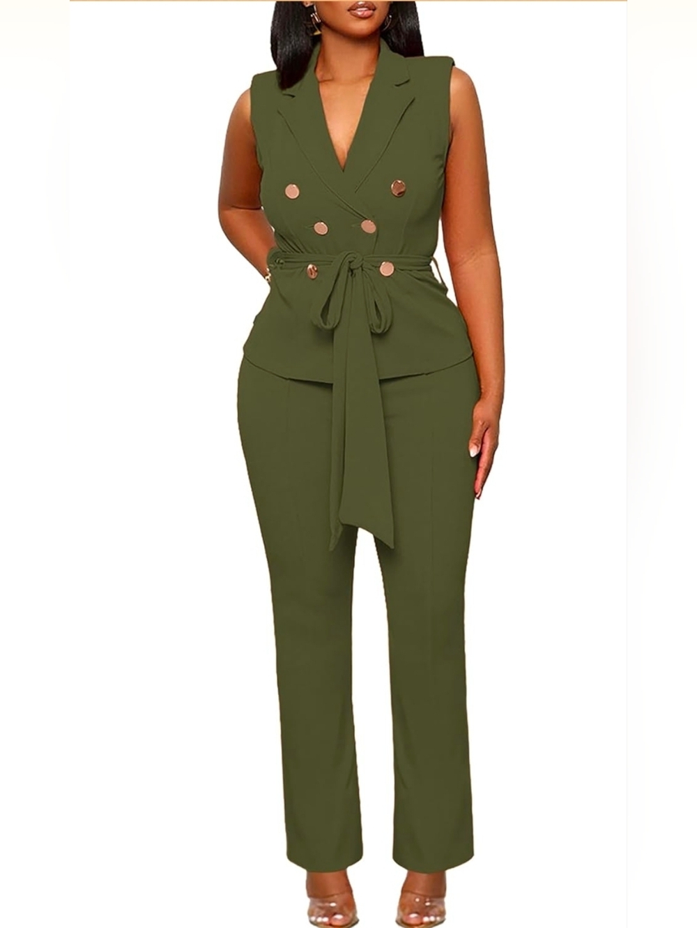 Sleeveless Olive Green Belted Pant Suit with Gold Buttons